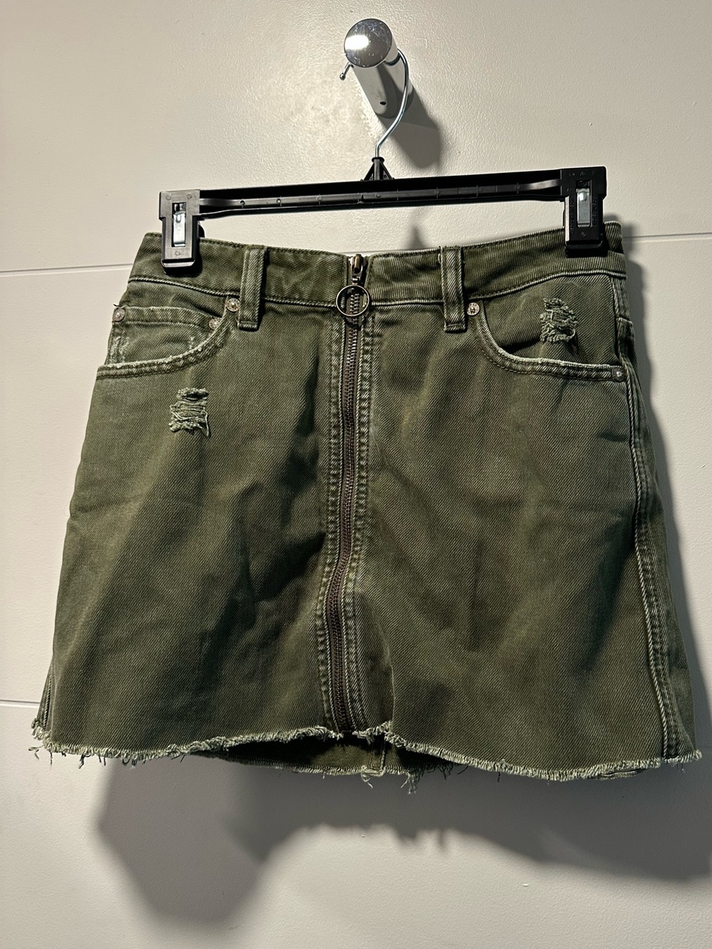 We The Free Olive Green Denim Mini Skirt with O-Ring Zip